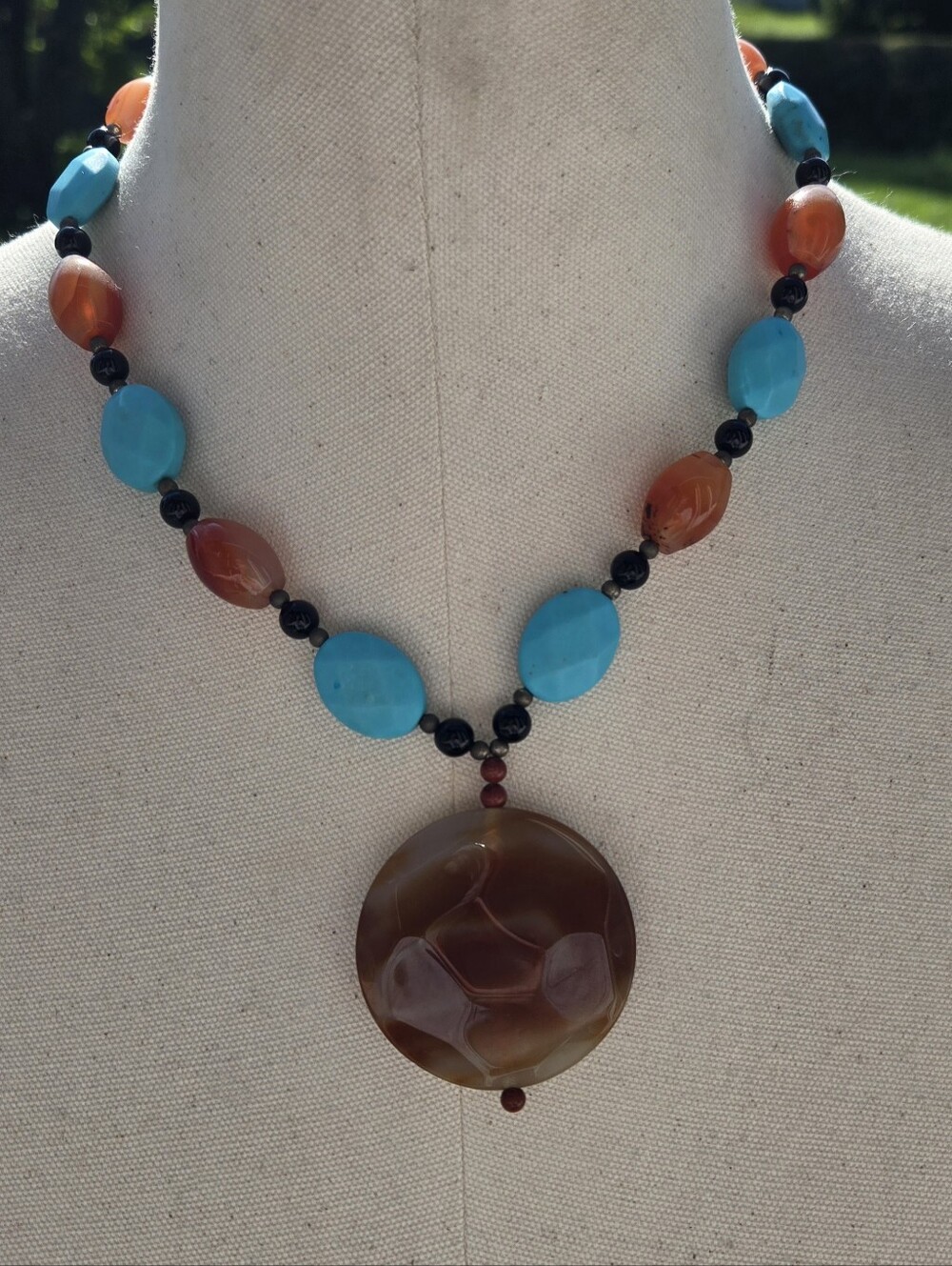 Turquoise and Amber Beaded Statement Necklace 925SS